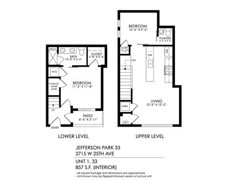 Floor plan for 2 beds, 1.5 baths, 857 sqft